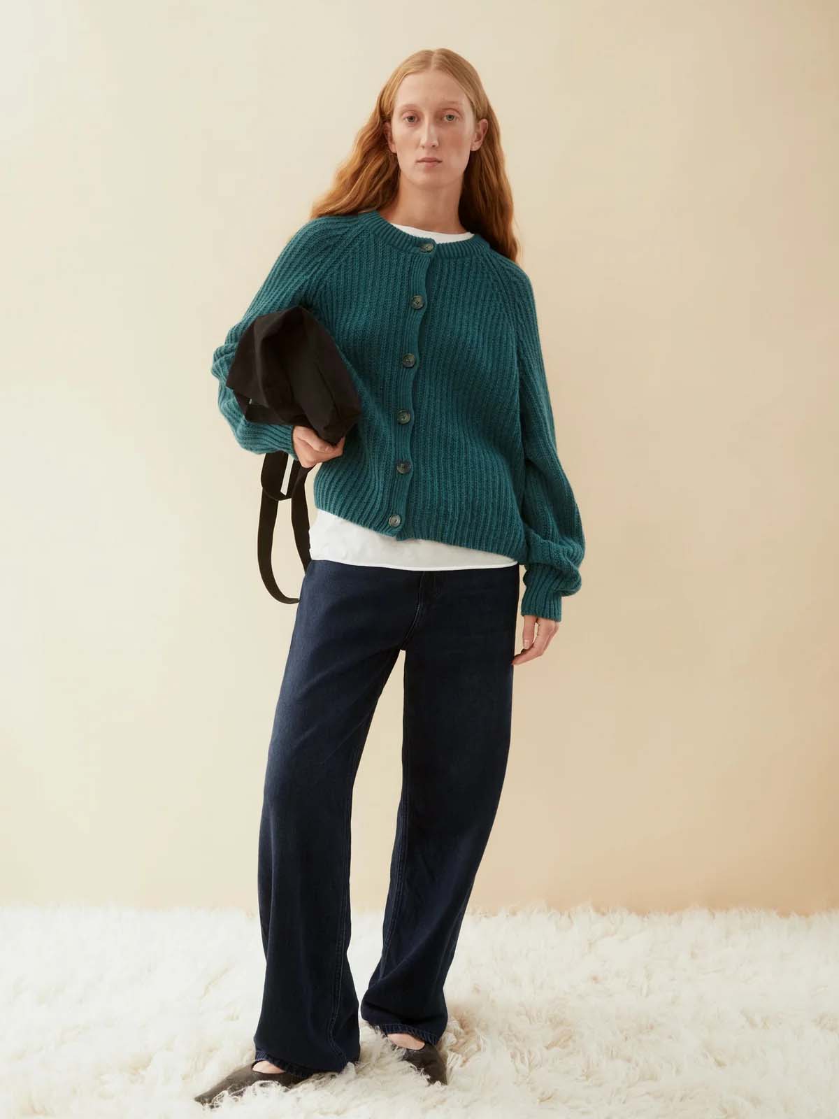 Armedangels Rib Knit Cardigan Petrol Velvet