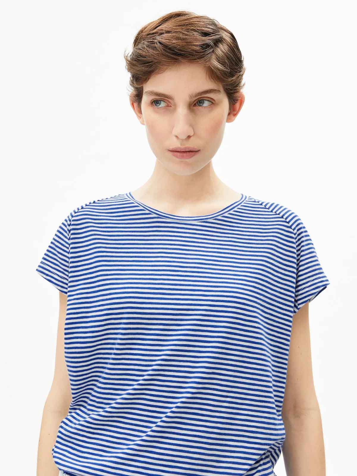 Armedangels Slub Jersey Stripe T-Shirt Oatmilk Dyno Blue