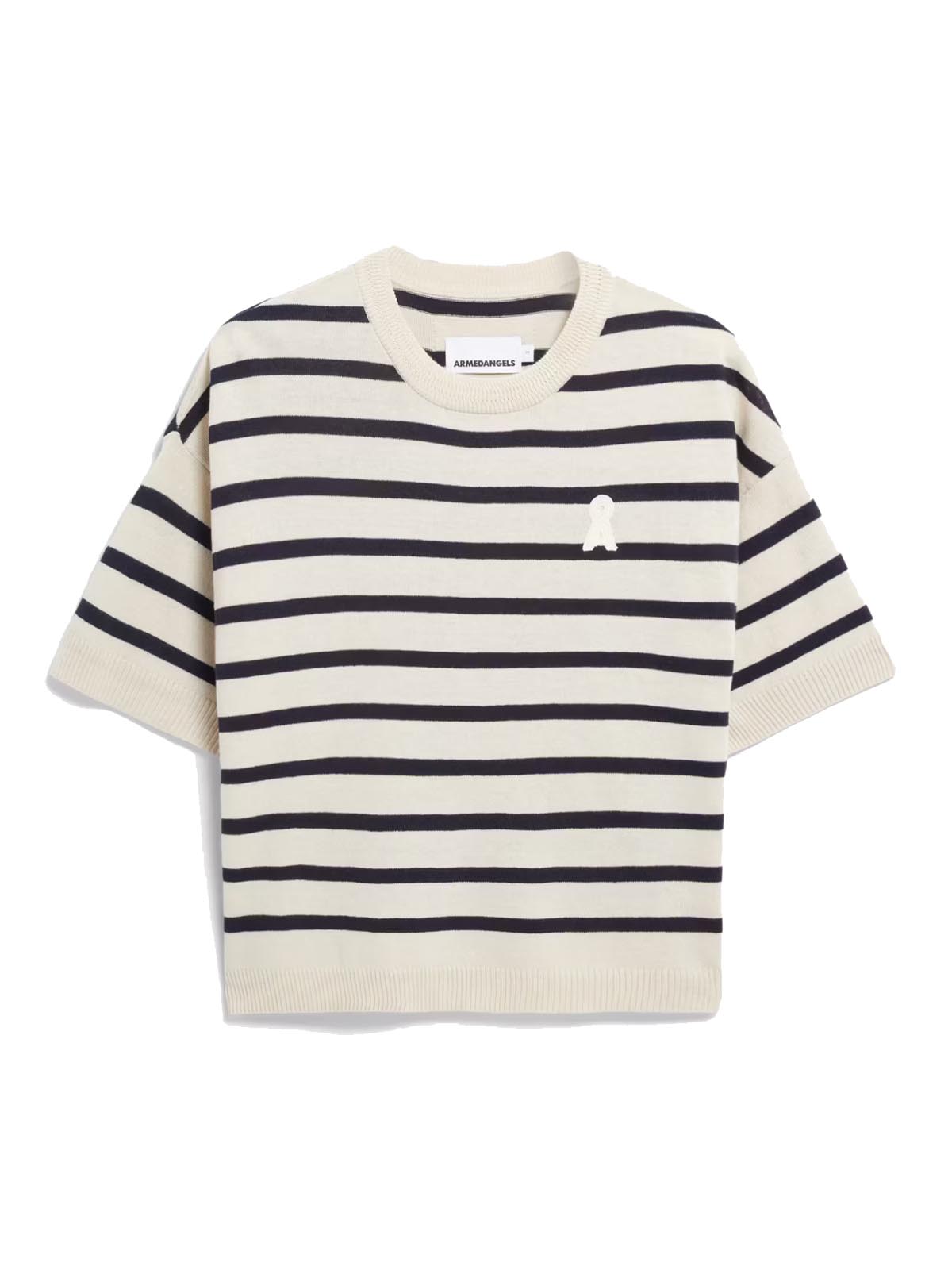 Armedangels Strick T-Shirt Lizaa Lino Stripes Raw White Night Sky