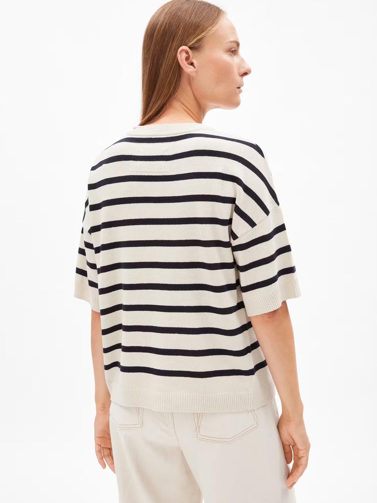 Armedangels Strick T-Shirt Lizaa Lino Stripes Raw White Night Sky