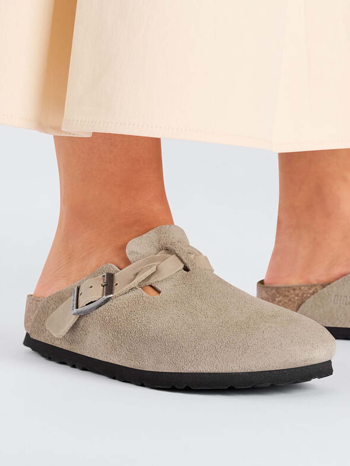 Birkenstock Boston Braided Suede Leather Taupe Narrow Fit