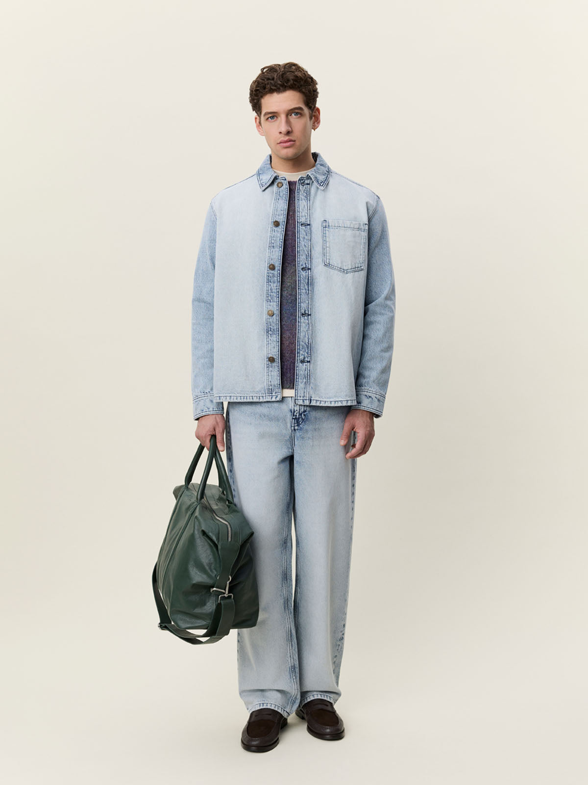 Les Deux Bleached Denim Overshirt Light Ice Blue Wash