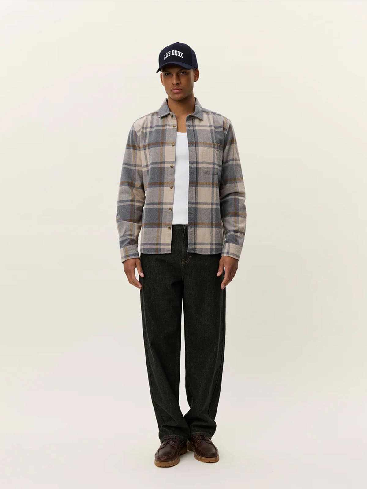 Les Deux Jeremy Check Flannel Shirt Grey Melange