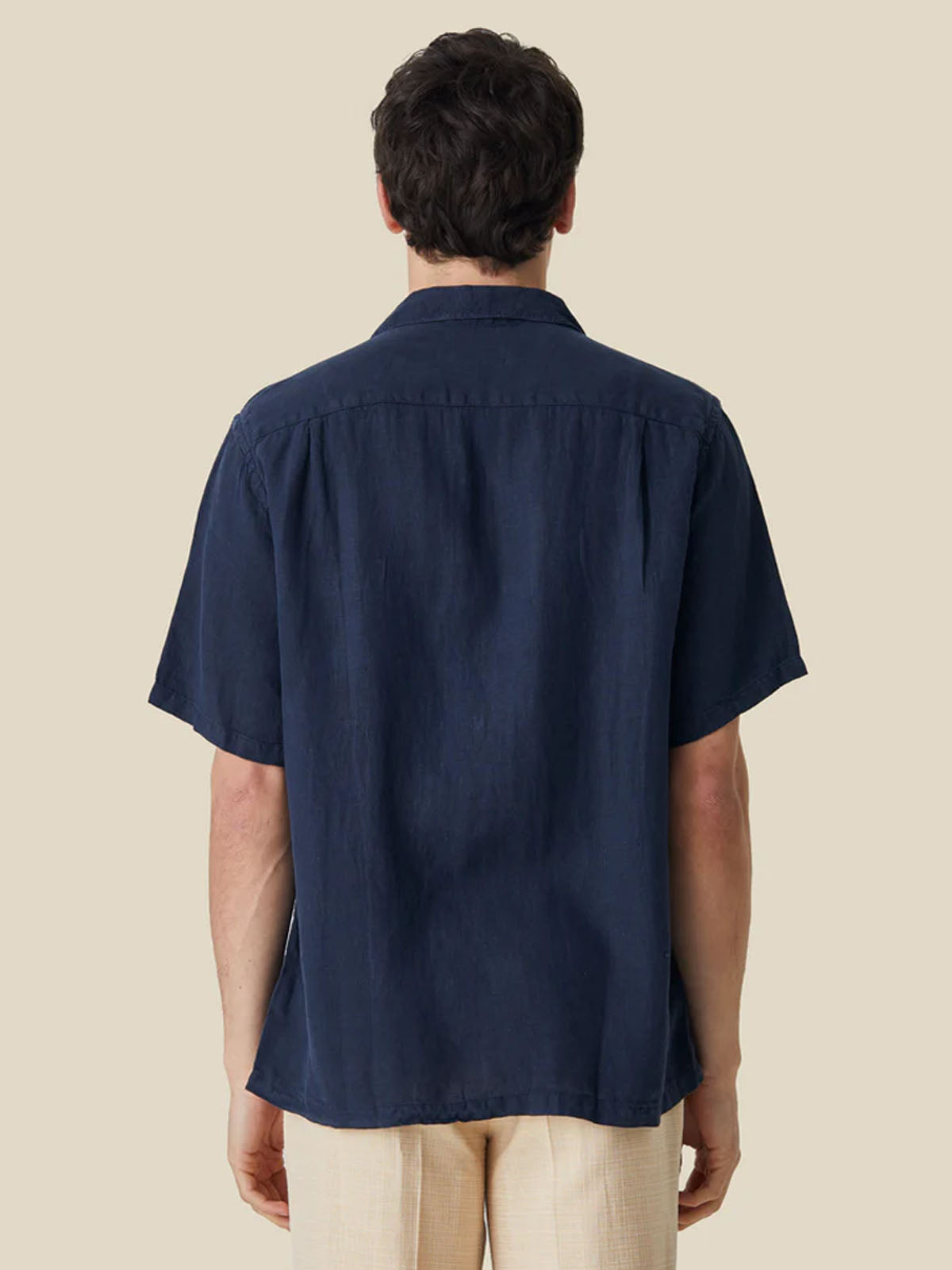 Portuguese Flannel Camp Collar Linen SS Shirt Navy