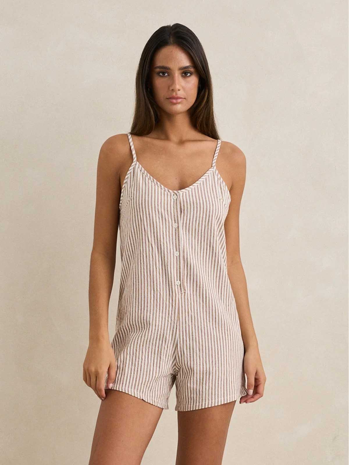 Rhythm Women's Valley Stripe Adjustable Romper Tan