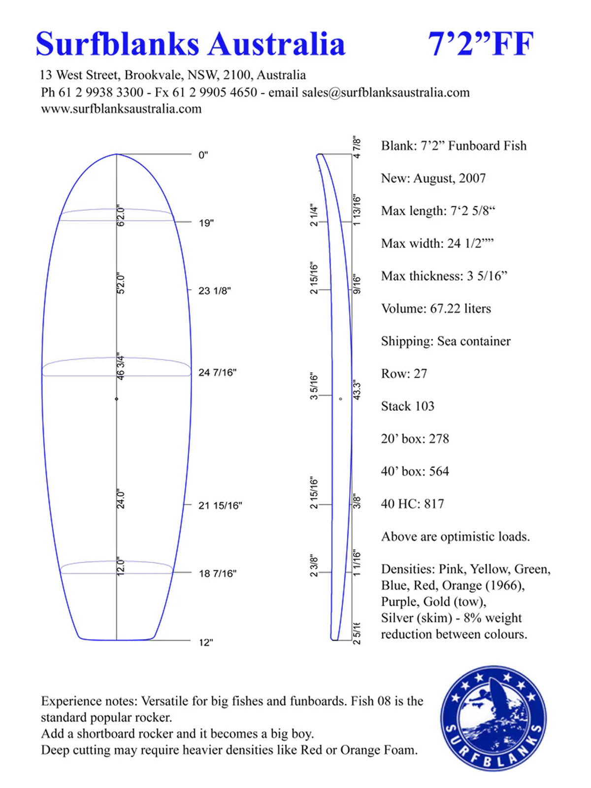 Surfblank Australia Superwhite FF Blue 7'2