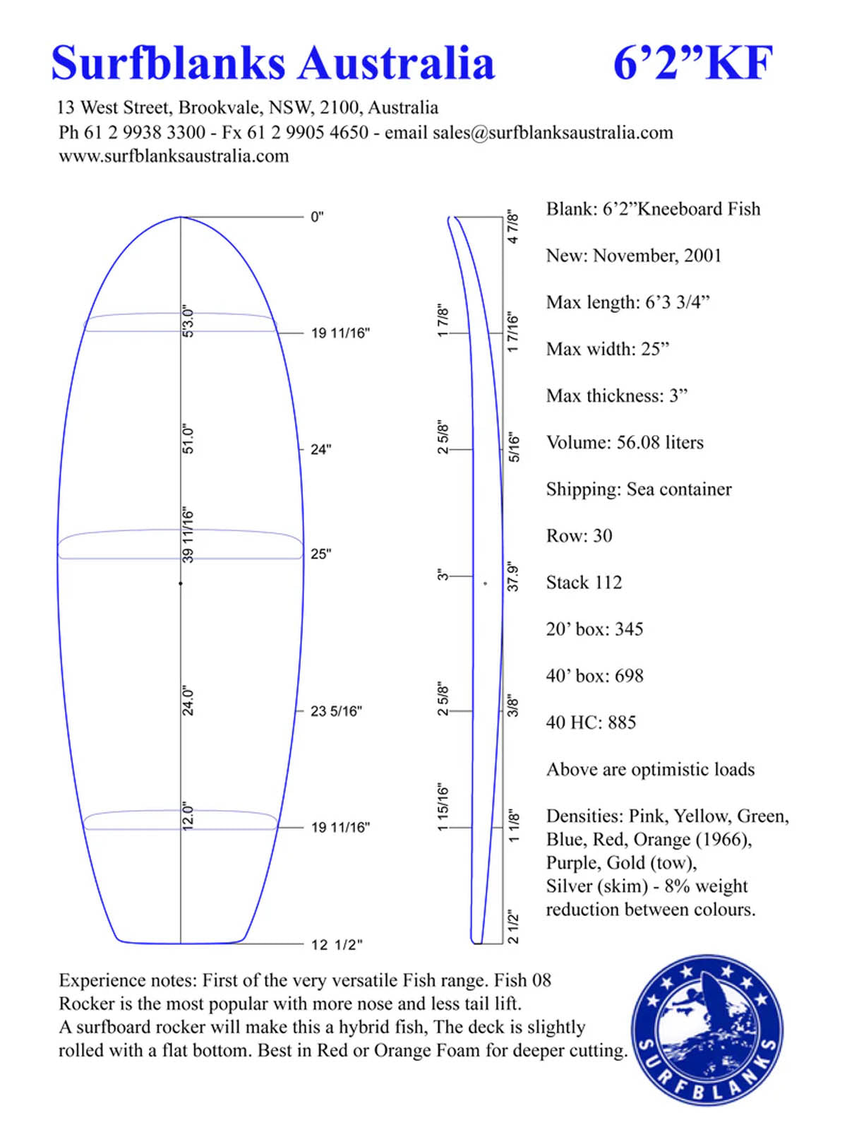 Surfblank Australia Superwhite KB Blue 6'2