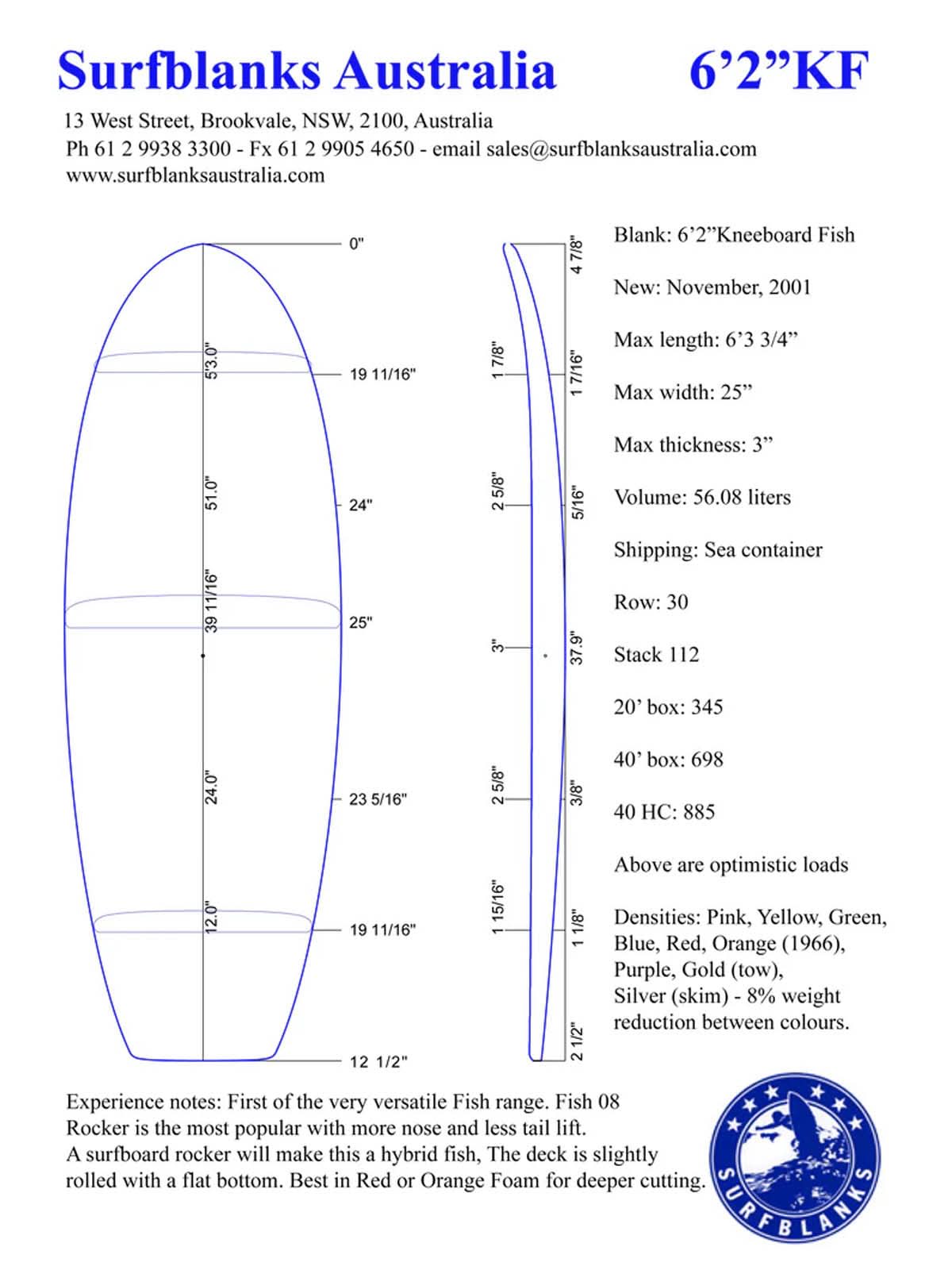 Surfblank Australia Superwhite KB Blue 6'2