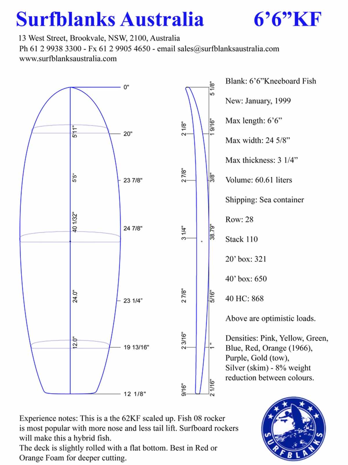 Surfblank Australia Superwhite KB Blue 6'6