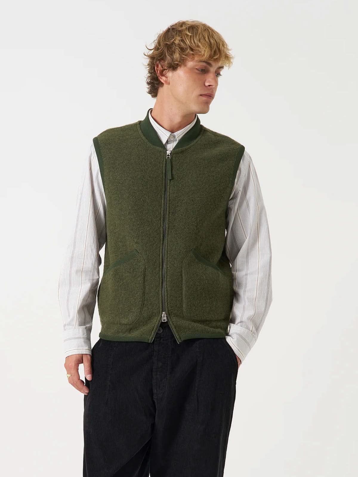 Universal Works Zip Waistcoat Wool Fleece Olive