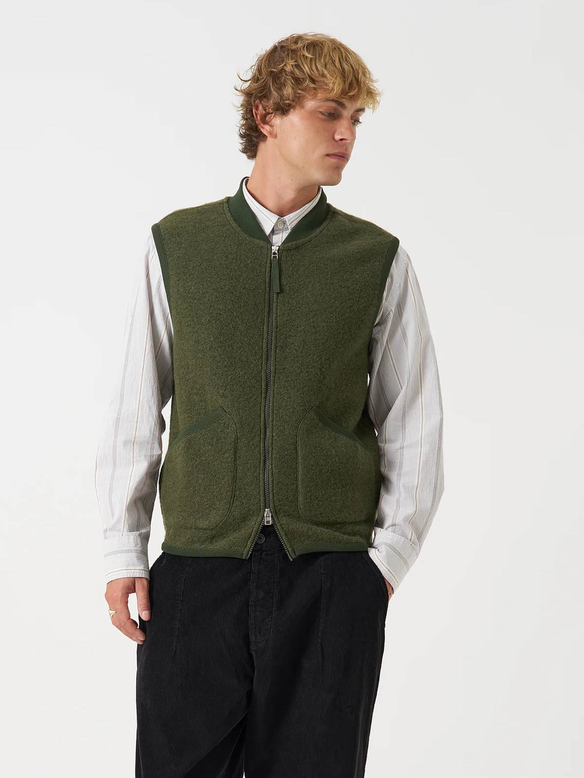 Universal Works Zip Waistcoat Wool Fleece Olive
