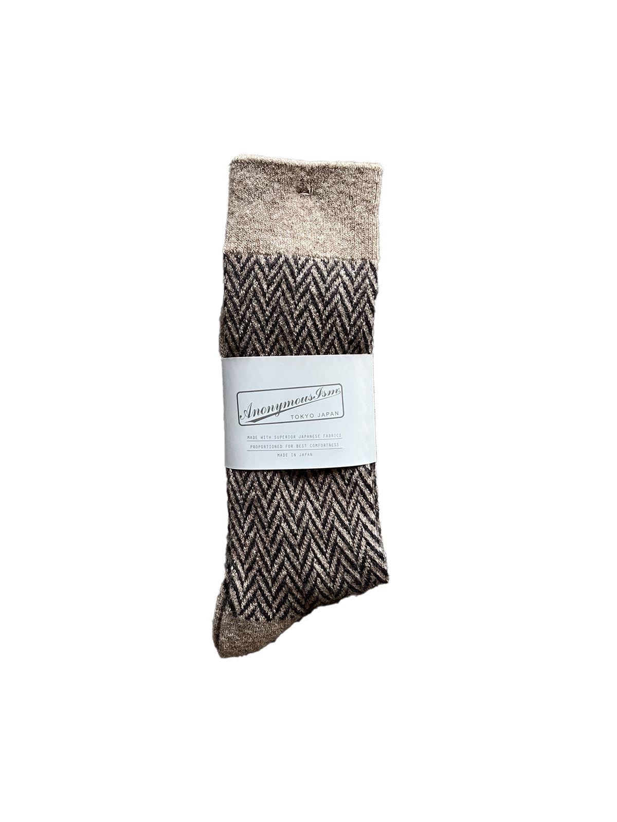 Anonymous Ism Wool Herringbone Crew Socks S.Beige (42-46)