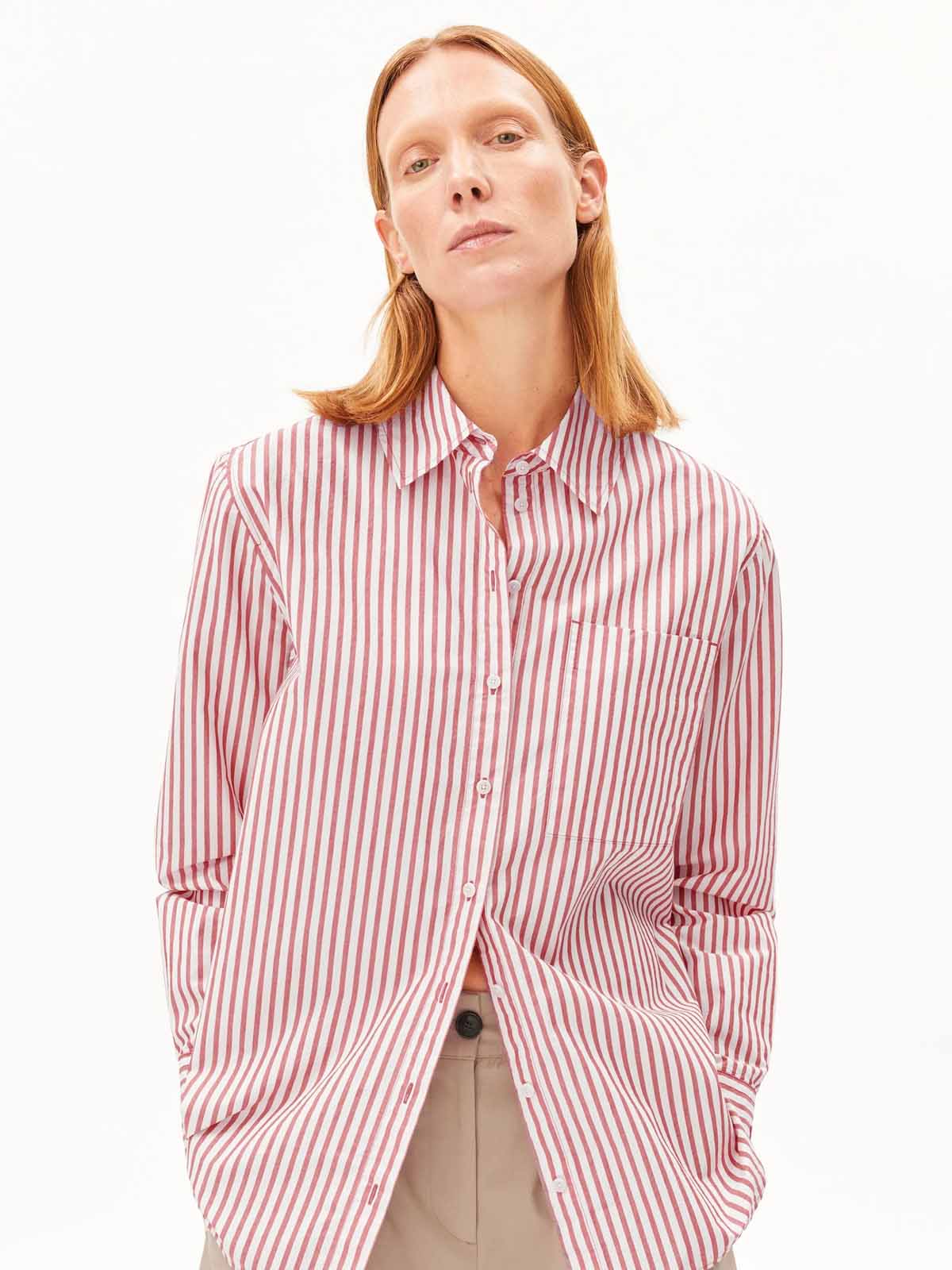 Armedangels Stripe Loose Shirt Blouse Oatmilk Mars Red