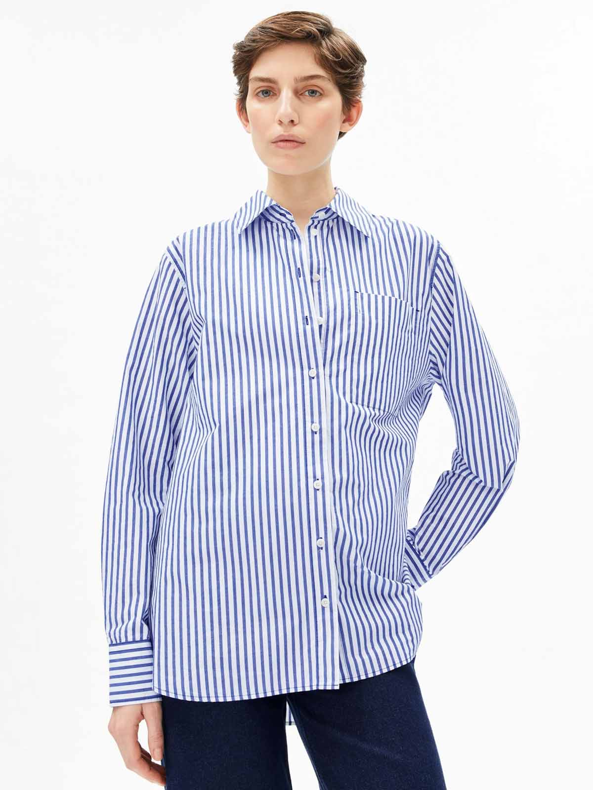 Armedangels Stripe Loose Shirt Blouse White Dynamo Blue