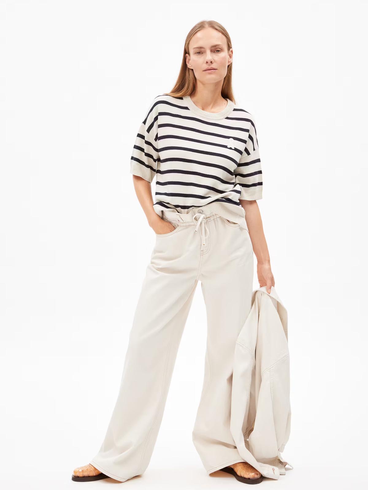 Armedangels Strick T-Shirt Lizaa Lino Stripes Raw White Night Sky