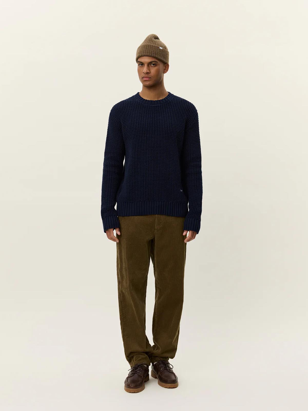 Les Deux Alvin Waffle Crewneck Knit Dark Navy