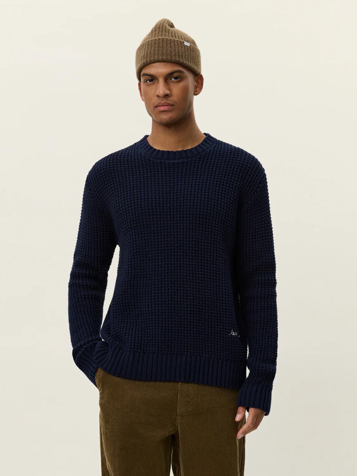 Les Deux Alvin Waffle Crewneck Knit Dark Navy