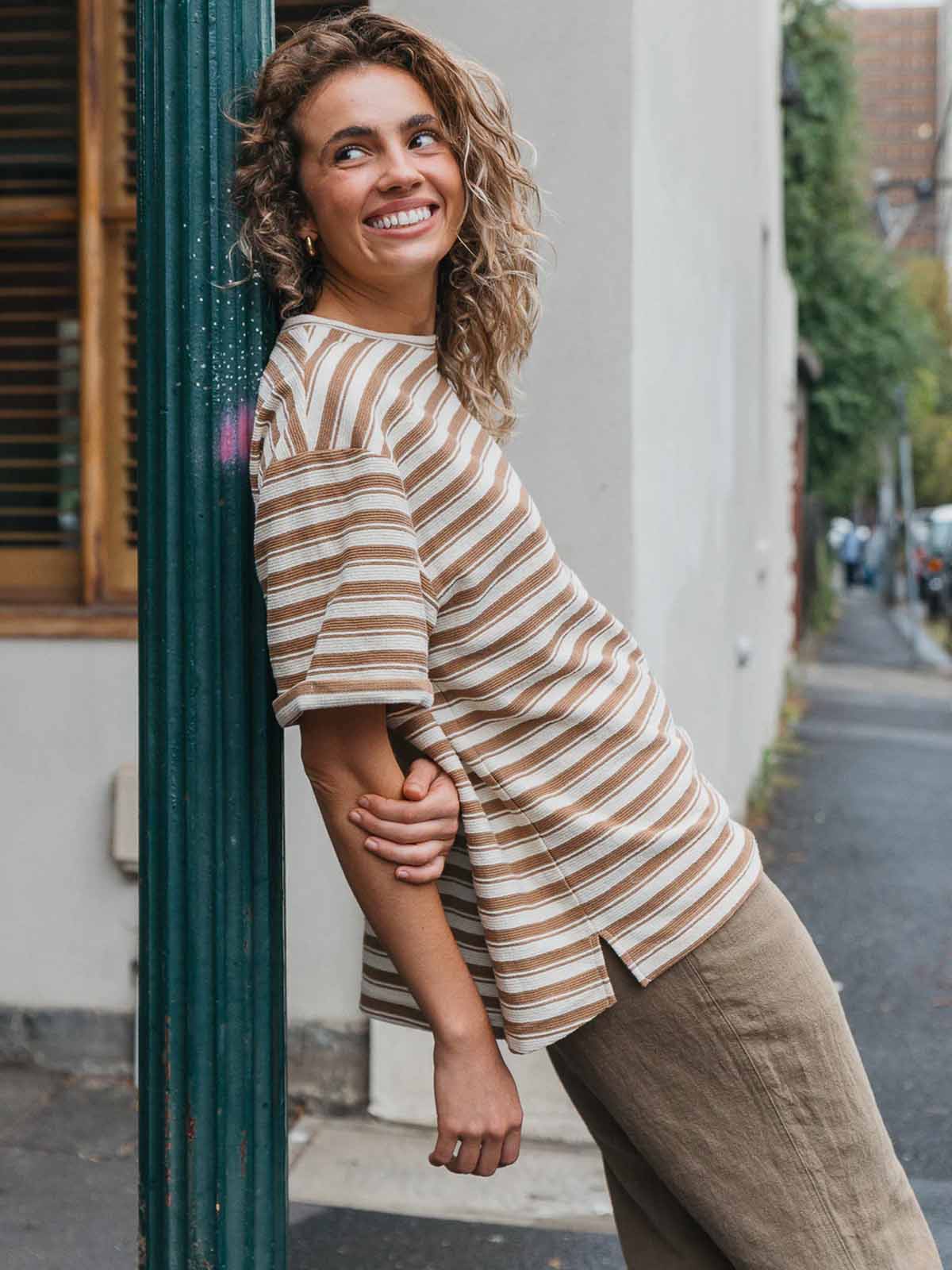 Ottway W's Striped Textured T-Shirt Brown and Cream