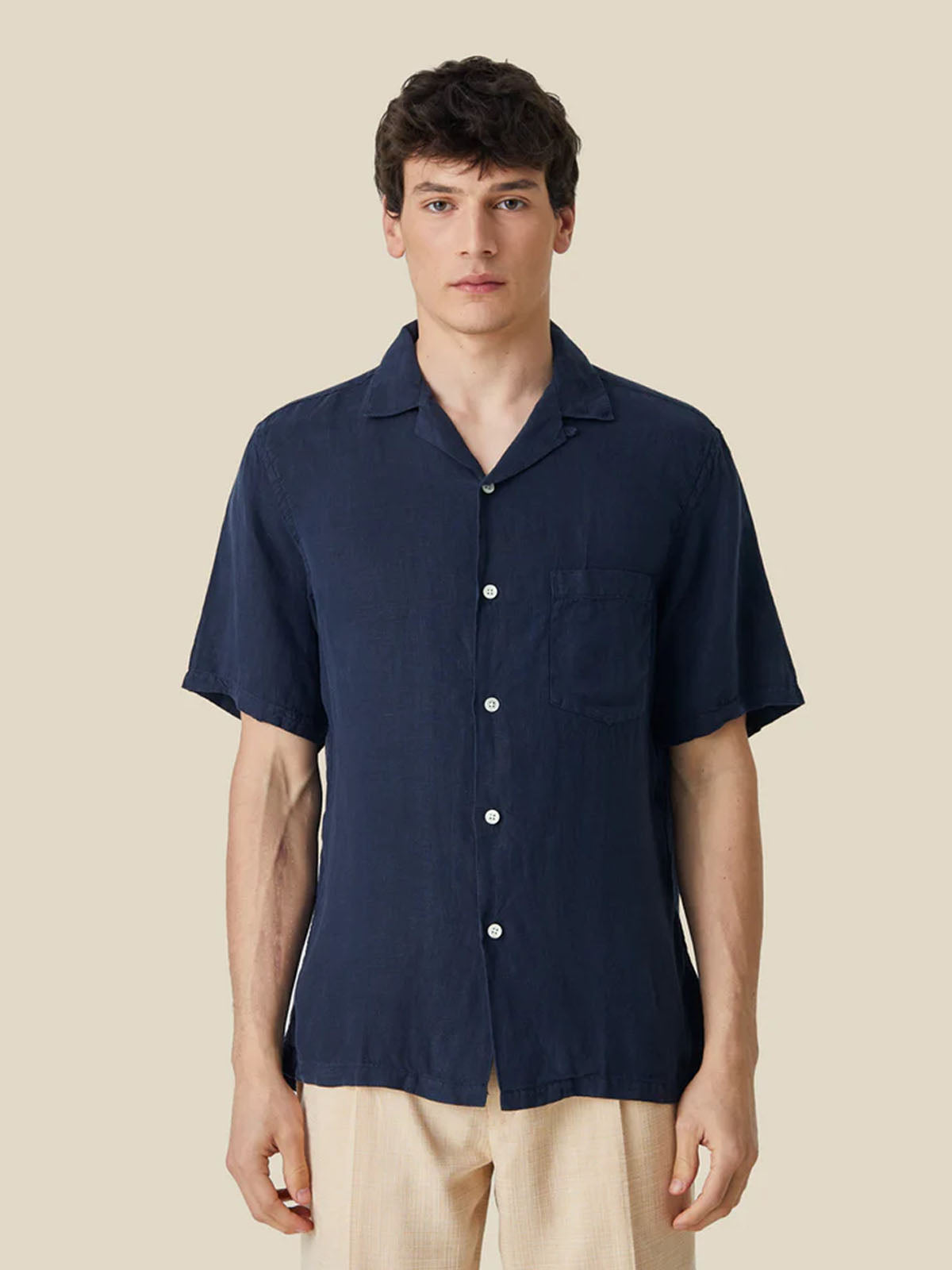 Portuguese Flannel Camp Collar Linen SS Shirt Navy