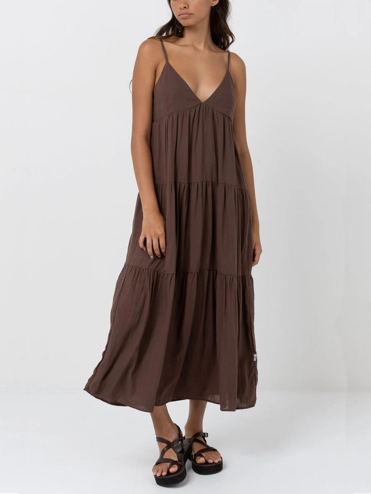 Rhythm Women's Classic Tiered Midi Dress Chocolate
