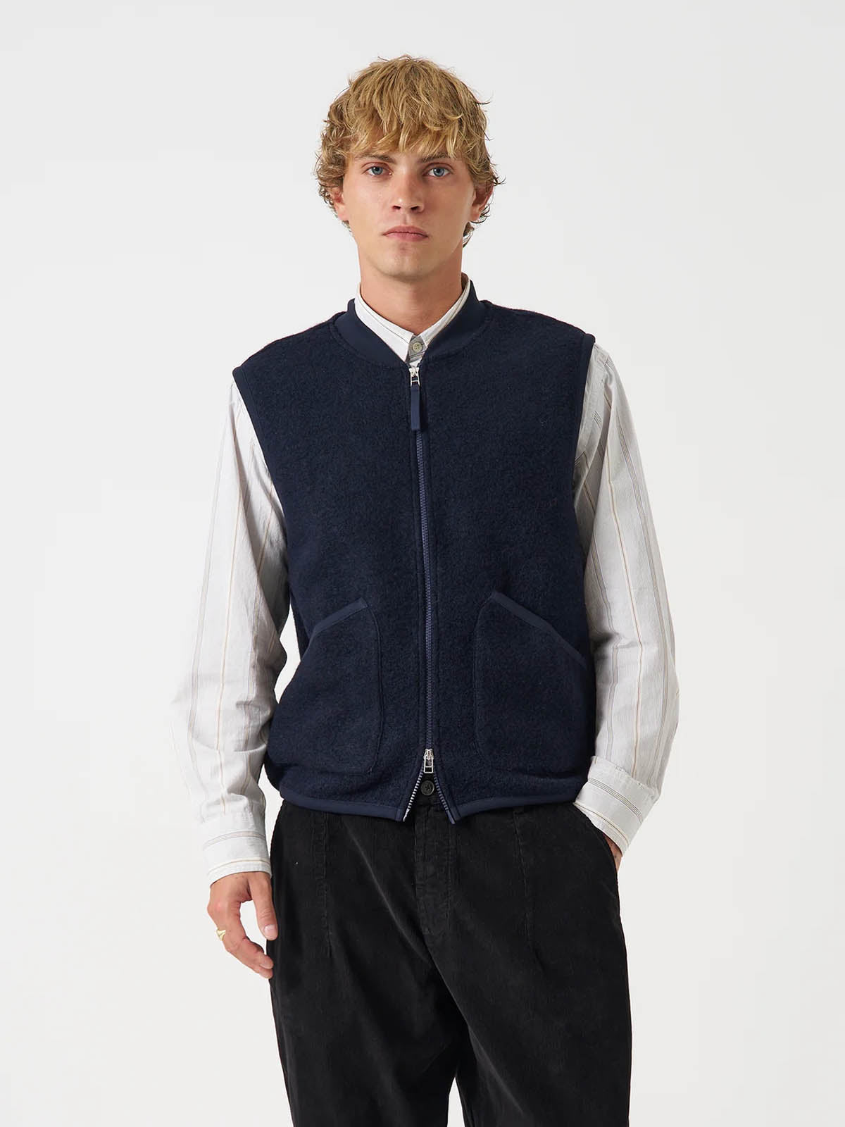 Universal Works Zip Waistcoat Wool Fleece Navy